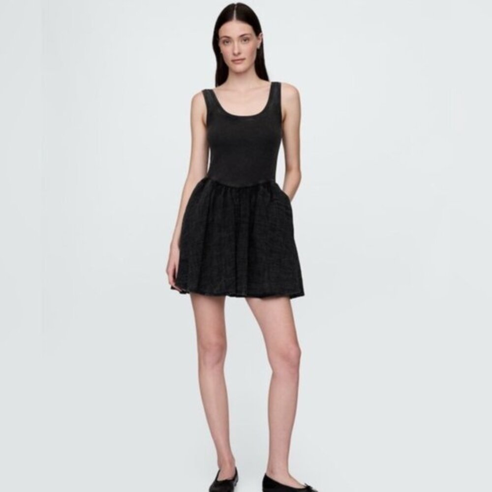 GAP Cotton-Blend Mini Crinkle Gauze Tank Dress Black Women’s M Black Balletcore